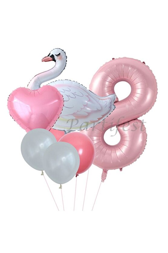Kuğu 8 Yaş Balon Set Balon Folyo Set Konsept Kuğu Doğum Günü Set Yaş Balon