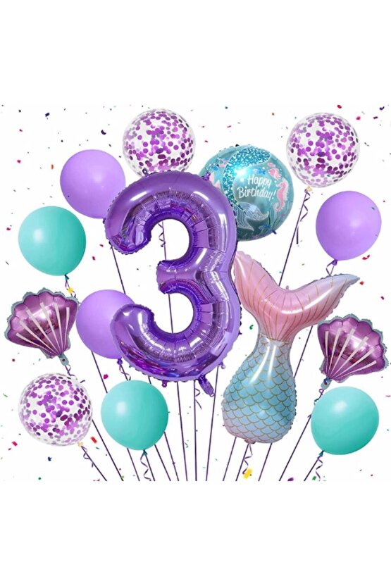 Mor Renk Deniz Kızı Konsept 3 Yaş Rakam Balon Set Deniz Kızı Temalı Doğum Günü Parti Seti