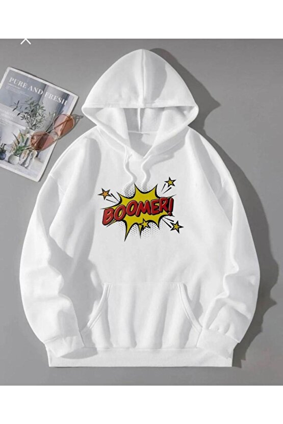 Kapşonlu Oversize Boomer Baskılı Beyaz Sweatshirt