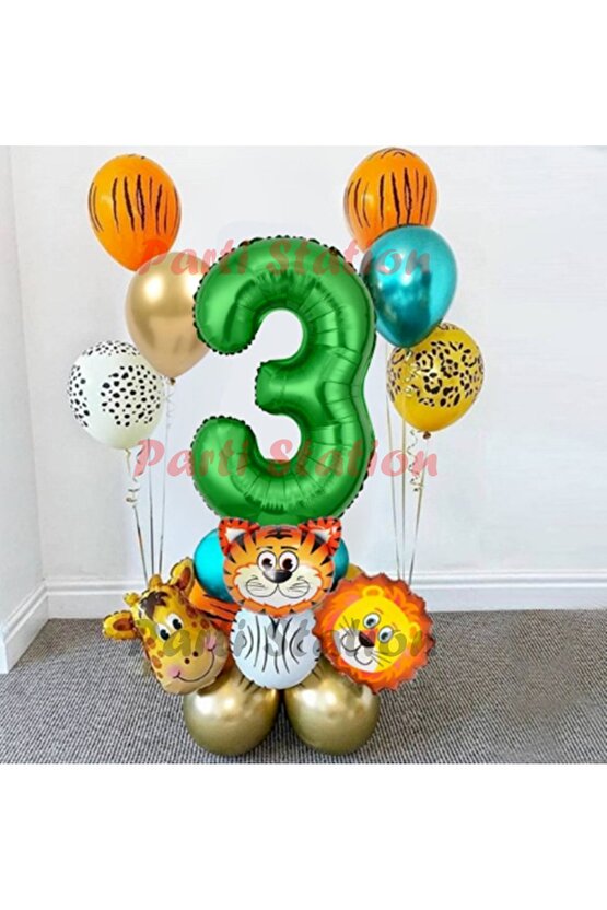 Safari Parti Balon Seti 3 Yaş Safari Jungle Konsept Doğum Günü Balon Karşılama Set Yeşil Rakam Balon