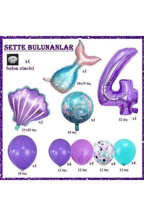 Mor Rakam Balon 4 Yaş Deniz Kızı Temalı Doğum Günü Parti Kutlama Seti Konsept 1