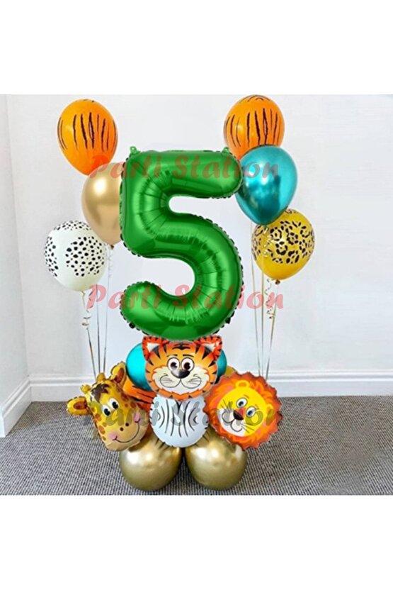 Safari Parti Balon Seti 5 Yaş Safari Jungle Konsept Doğum Günü Balon Karşılama Set Yeşil Rakam Balon