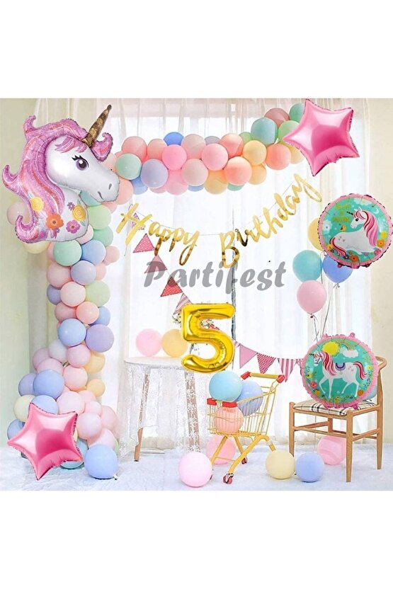 Unicorn Konsept 5 Yaş Balon Doğum Günü Set Tek Boynuzlu At Unicorn Yaş Balon Set