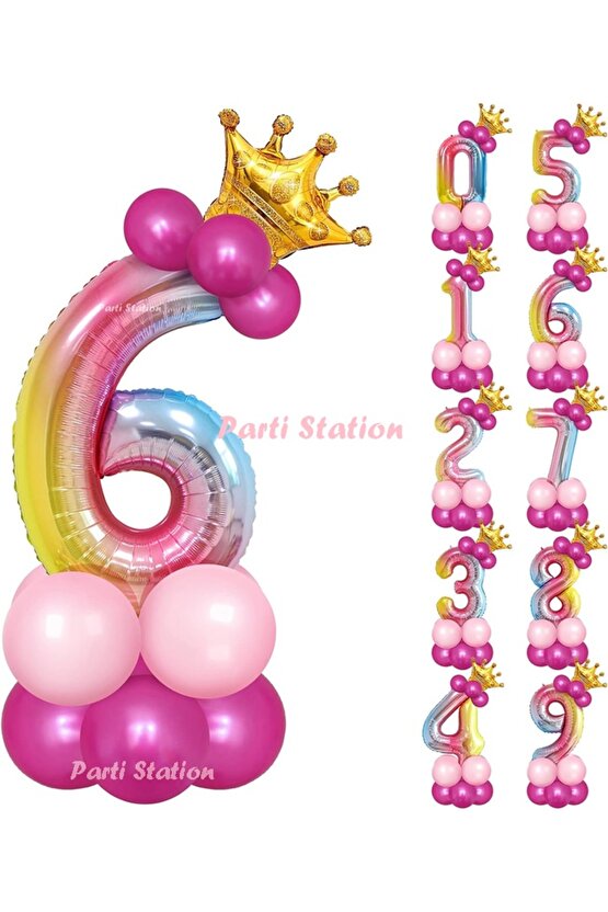 Gökkuşağı Rakam Balonlu 6 Yaş Doğum Günü Parti Karşılama Balon Seti Rengarenk Konsept Doğum Günü