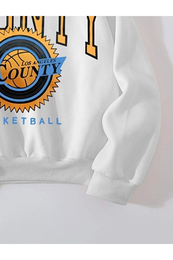 Oversize Unisex Beyaz County Basketball Baskılı Sweatshirt