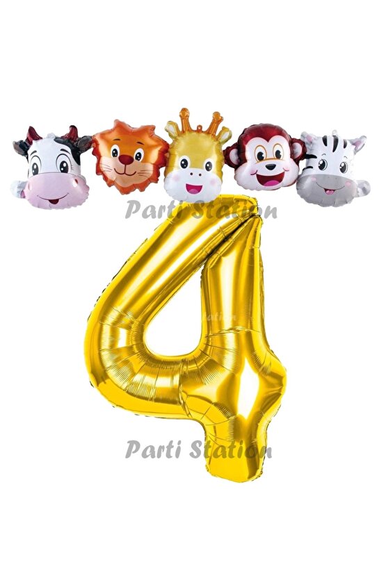 Altın Renk Rakam Balonlu Safari 4 Yaş Doğum Günü Parti Balon Set Safari Hayvanlar Tema Parti