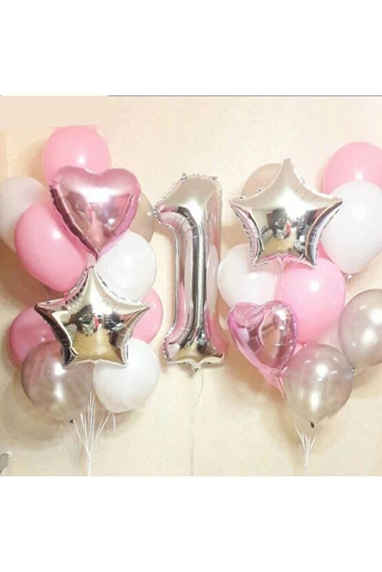 1 Yaş Pembe Gümüş Renk Doğum Günü Balon Seti