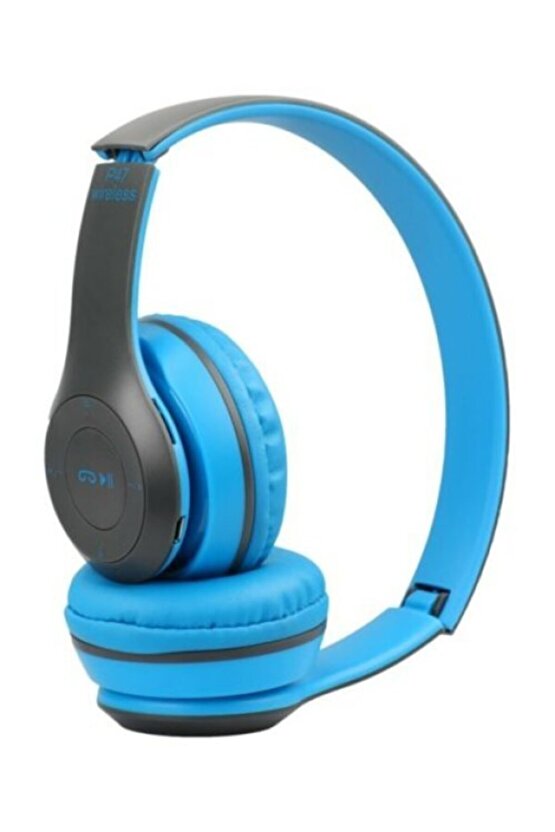 P47 Kablosuz Bluetooth Kulaklık Yükses Ses Ve Bass Fm Radyo Mavi