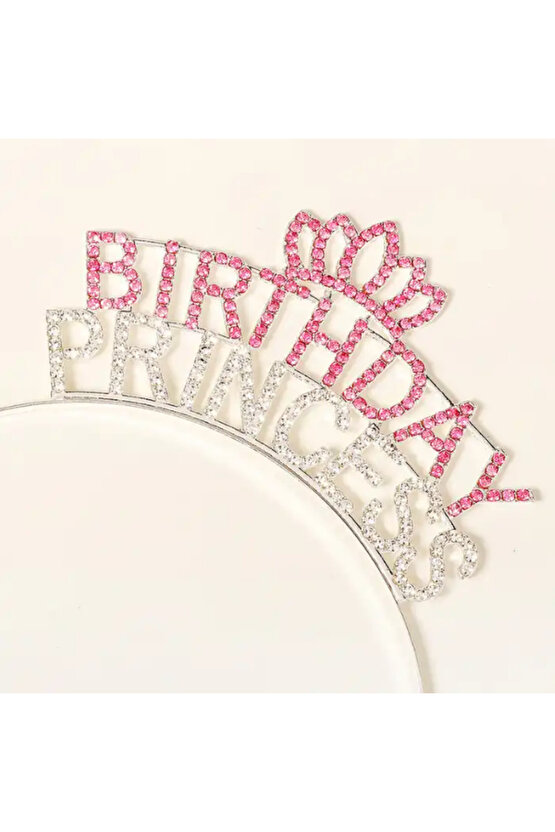 Kristal Taşlı Pembe Birthday Princess Yazılı Parti Tacı 19x11 cm