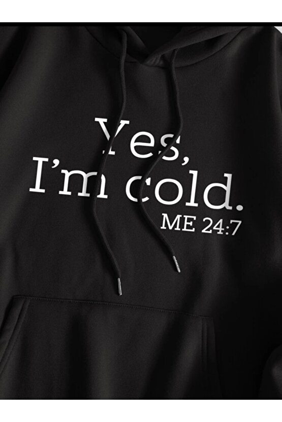 Oversize Yes I’m Cold Baskılı Siyah Sweatshirt