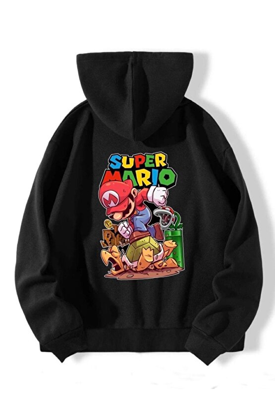 Oversize Kapşonlu Super Mario Tasarım Siyah Sweatshirt