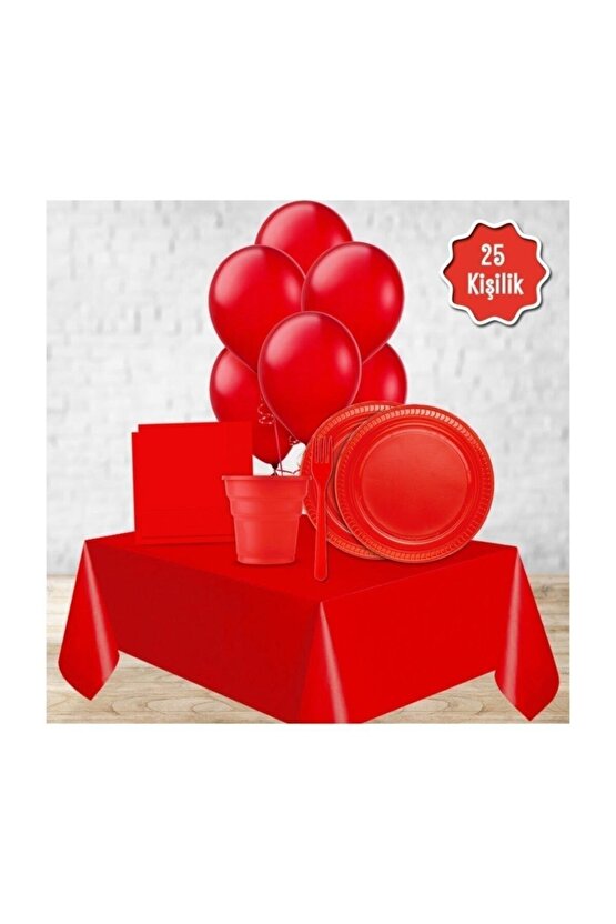 Balonlu Kırmızı Doğum Günü Parti Paketi Süs Seti 24 Kişilik