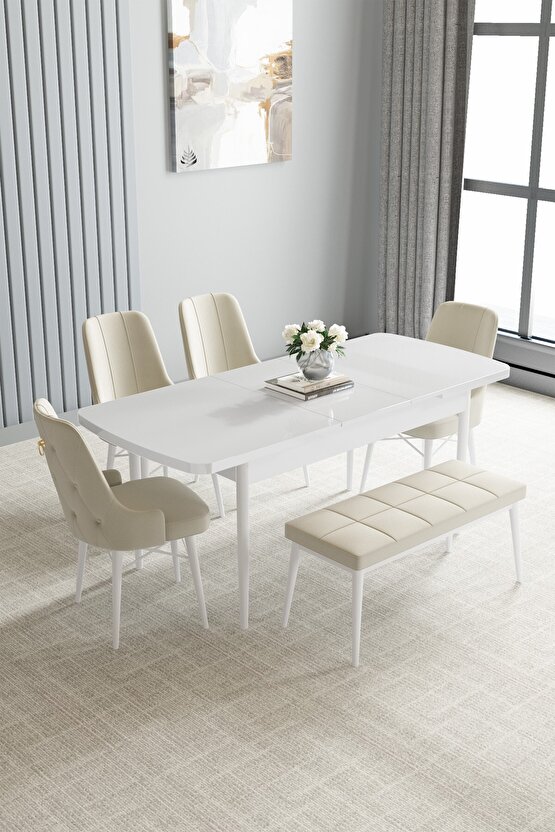 Loft Beyaz 80x132 Açılabilir Mutfak Masası Takımı 4 Sandalye, 1 Bench