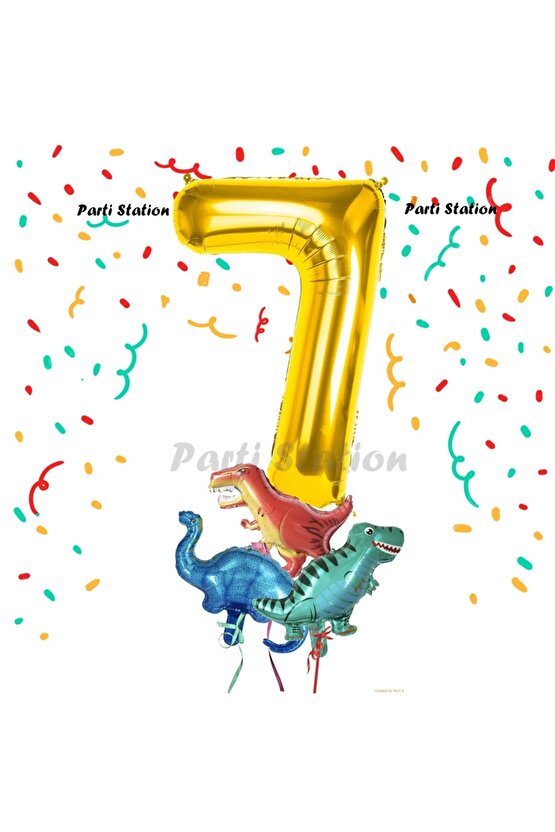 Altın Renk Rakam Balonlu Küçük Boy Dinozor Balonlu 7 Yaş Doğum Günü Parti Balon Set