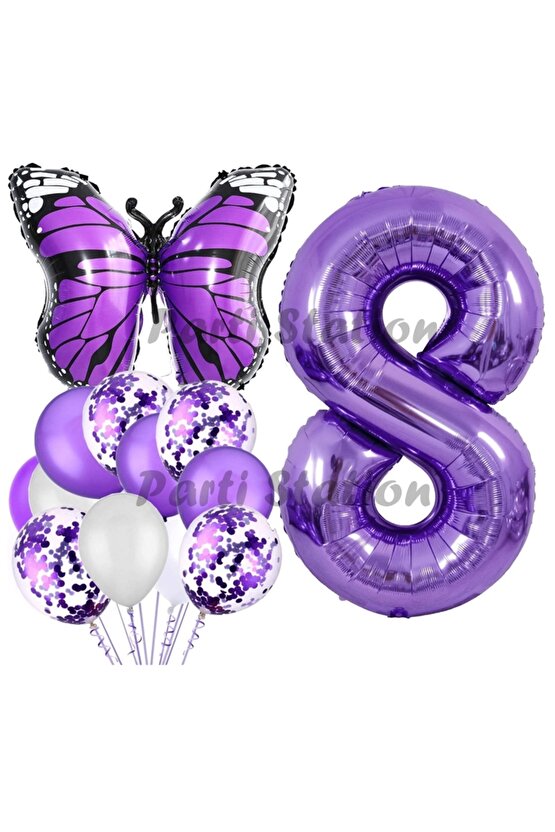 Mor Kelebek Konsept 8 Yaş Balon Set Butterfly Kelebek Mor Rakam Balon Parti Doğum Günü Balon Set
