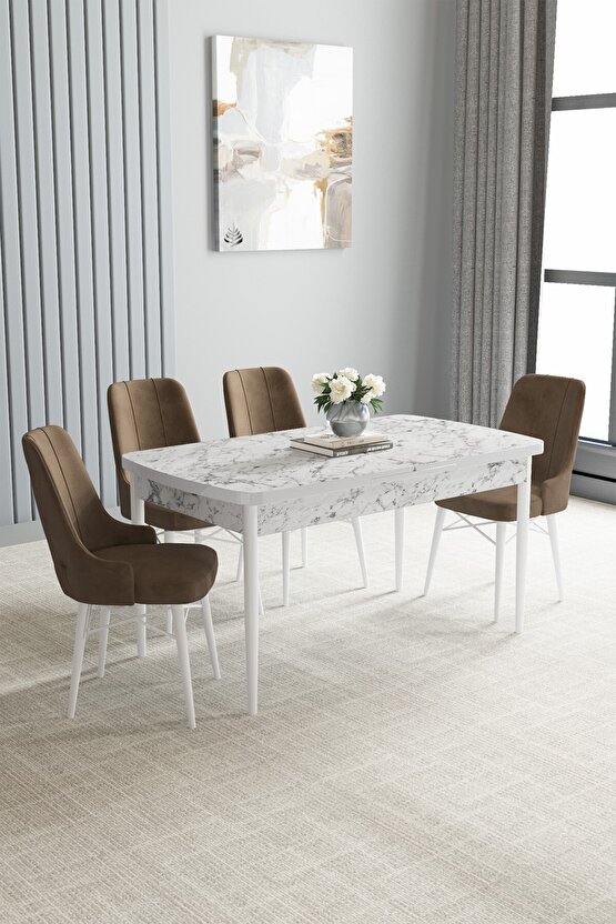 Jusie Beyaz Mermer Desen 80x132 Açılabilir Mutfak Masası Takımı 4 Adet Sandalye