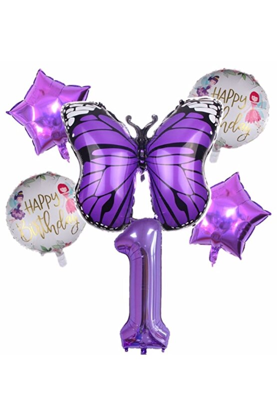 Mor Kelebek Mor Renk 1 Yaş Rakam Balon Set Doğum Günü Parti Mor Renk Helyum Balon Mor Rakam Balon