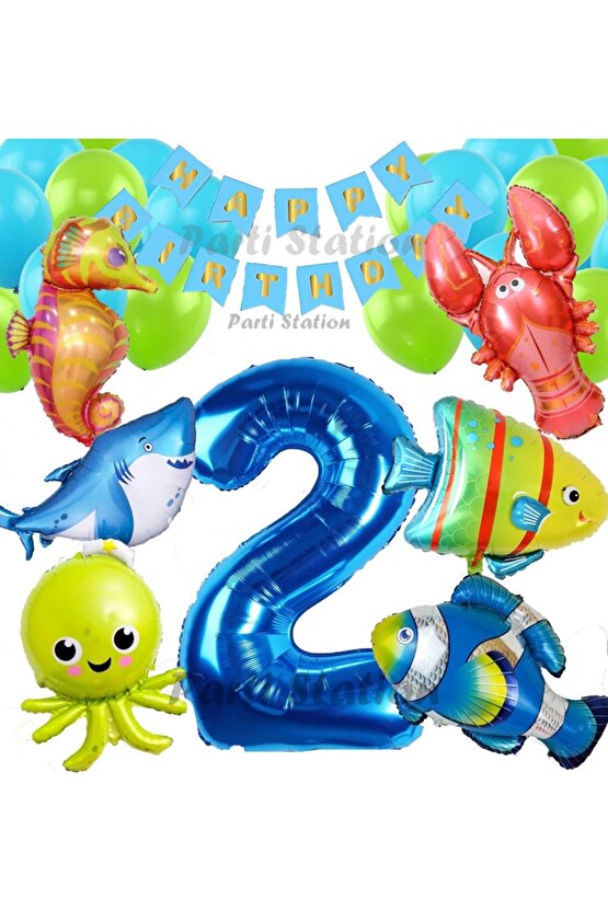 Büyük Boy Balonlu Okyanus Hayvanları 2 Yaş Doğum Günü Balon Set Deniz Canlıları Balon Set