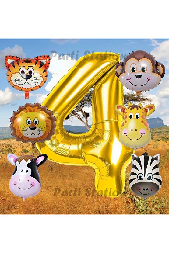 Altın Renk Rakam Balonlu Safari 4 Yaş Doğum Günü Parti Balon Set Safari Hayvanlar Tema Parti Set
