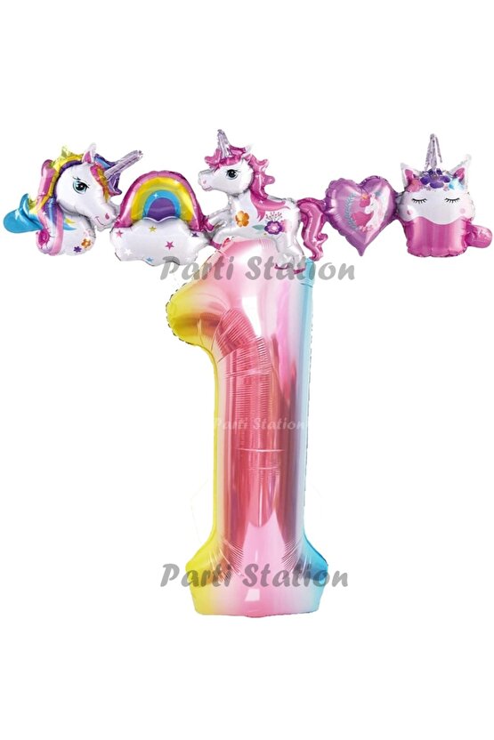 Renkli Gökkuşağı Renk Rakam Balonlu Unicorn 1 Yaş Doğum Günü Parti Balon Set Unicorn Tema Parti Seti