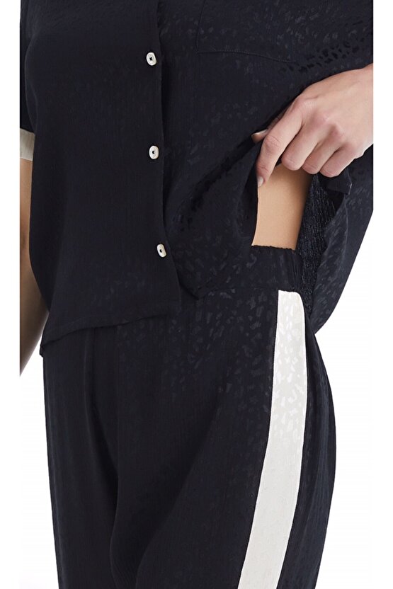 -60366-Kadın Kısa Kollu Gömlek Yaka Pijama Takımı-Siyah