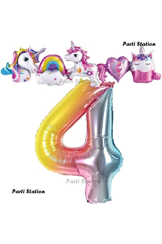 Renkli Gökkuşağı Renk Rakam Balonlu Unicorn 4 Yaş Doğum Günü Parti Balon Set Unicorn Tema Parti Seti