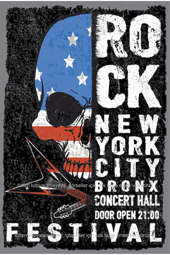 rock müzik amerika newyork konser gitar kuru kafa ev dekorasyon tablo retro ahşap poster