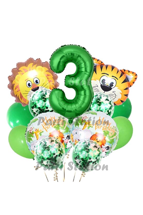 Safari Konsept Balon Seti 3 Yaş Safari Jungle Parti Doğum Günü Balon Karşılama Set Yeşil Rakam Balon