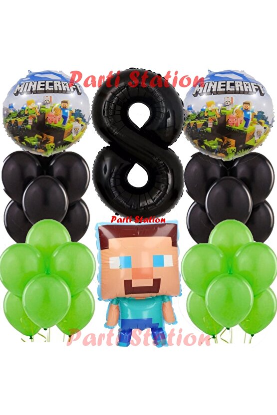 Minecraft Konsept Doğum Günü 8 Yaş Balon Set Minecraft Parti Tema Yeşil Siyah Balon Set