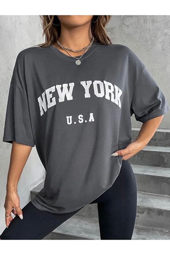 Kadın Oversize New York Baskılı Antrasit Penye Tshirt