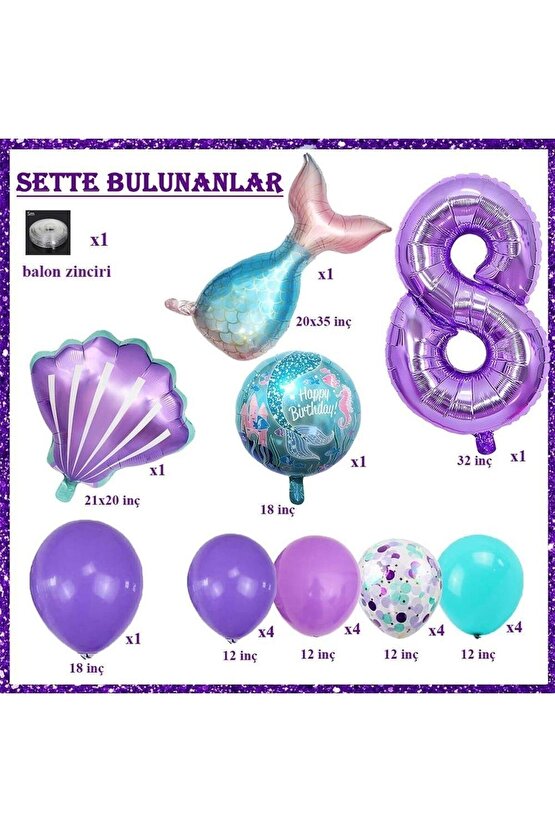 Mor Rakam Balon 8 Yaş Deniz Kızı Temalı Doğum Günü Parti Kutlama Seti Konsept 1