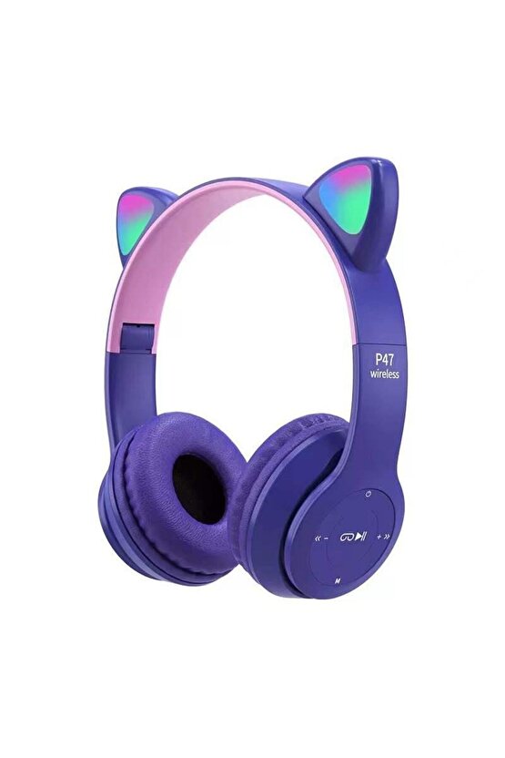 P47m Sevimli Renkli Kedi Kulak Bluetooth Kulaklık Mor