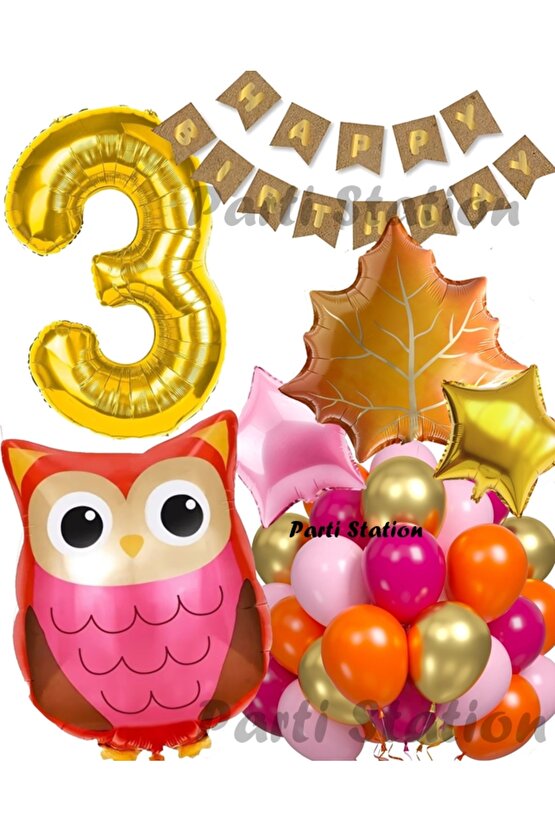 Orman Woodland Baykuş Konsept Doğum Günü 3 Yaş Balon Set Baykuş Tema Folyo Balon Set