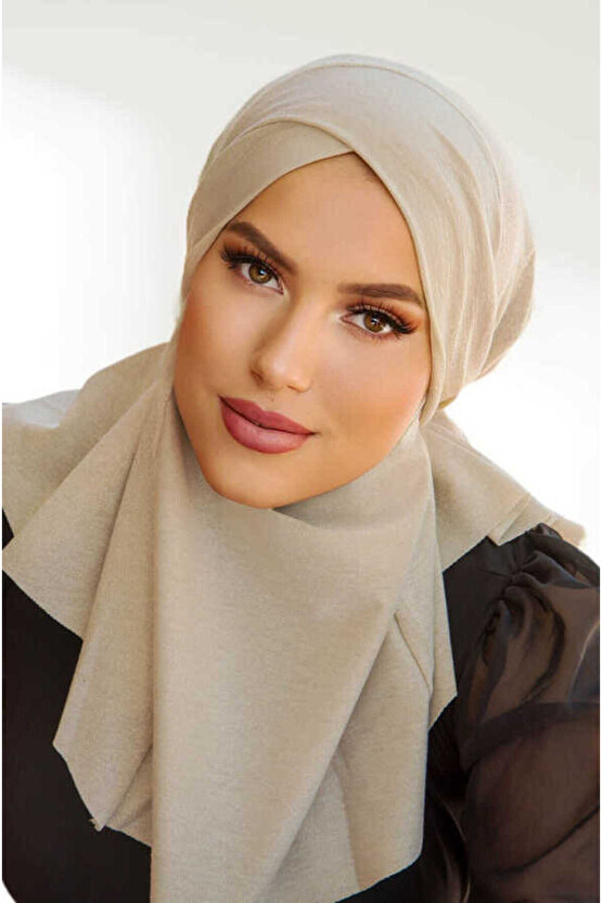 Ekru Işıltılı Çapraz Bantlı Medium Size Hijab - Hazır Şal
