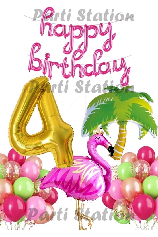 Tropikal Konsept Parti Flamingo 4 Yaş Doğum Günü Balon Seti Yaz Temalı Tropikal Flamingo Parti