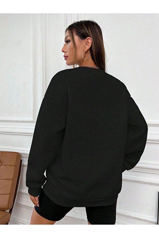 Kadın Oversize Siyah Los Angeles Baskılı Bisiklet Yaka Sweatshirt