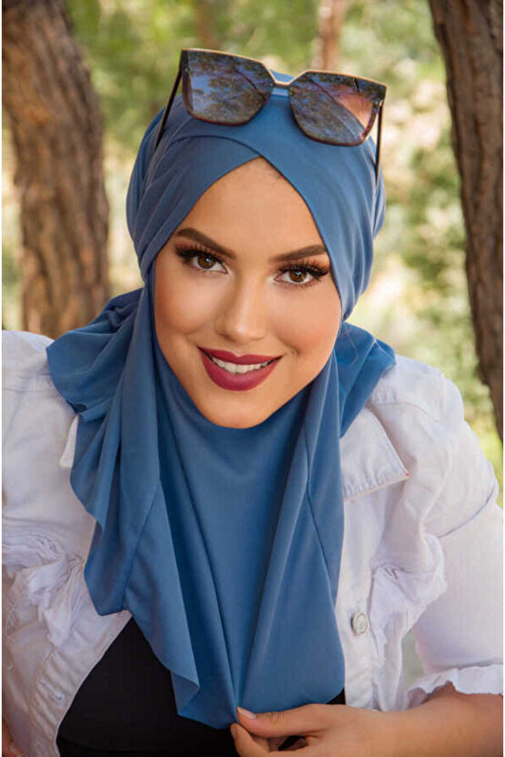 Indigo Çapraz Bantlı Medium Size Hijab - Hazır Şal