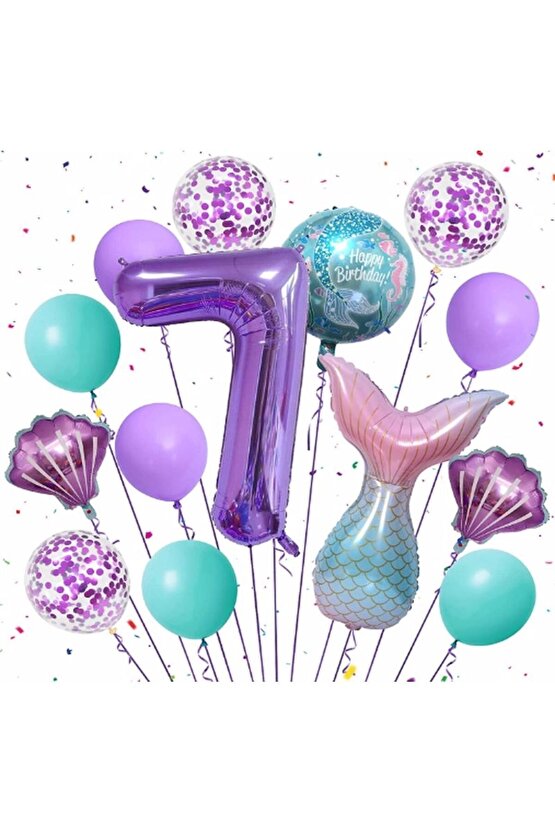 Mor Renk Deniz Kızı Konsept 7 Yaş Rakam Balon Set Deniz Kızı Temalı Doğum Günü Parti Seti