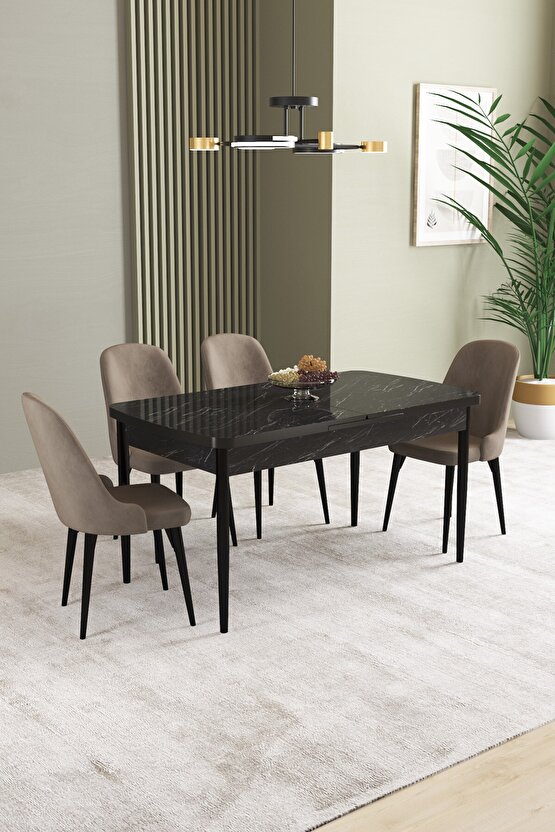 Ikon Siyah Mermer Desen 80x132 Mdf Açılabilir Mutfak Masası Takımı 4 Adet Sandalye