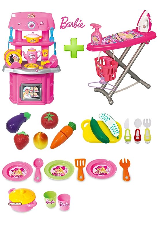 Barbie Oyuncak Şef Mutfak + Barbie Ütü Masası + Meyve Sebze Set Kesilebilen