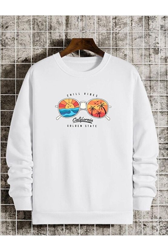 Oversize California Gözlük Baskılı Beyaz Sweatshirt