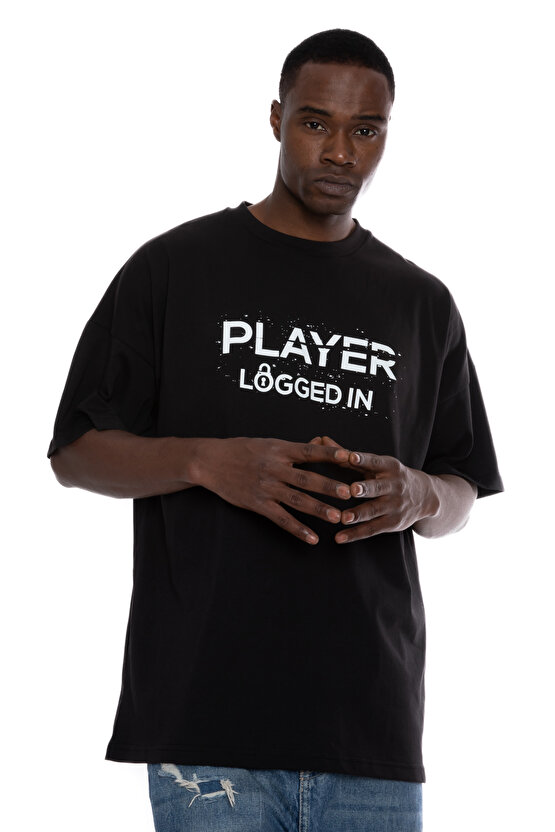 %100 Pamuk Siyah Unisex Oversize Kısa Kollu T-Shirt | Player Logged In