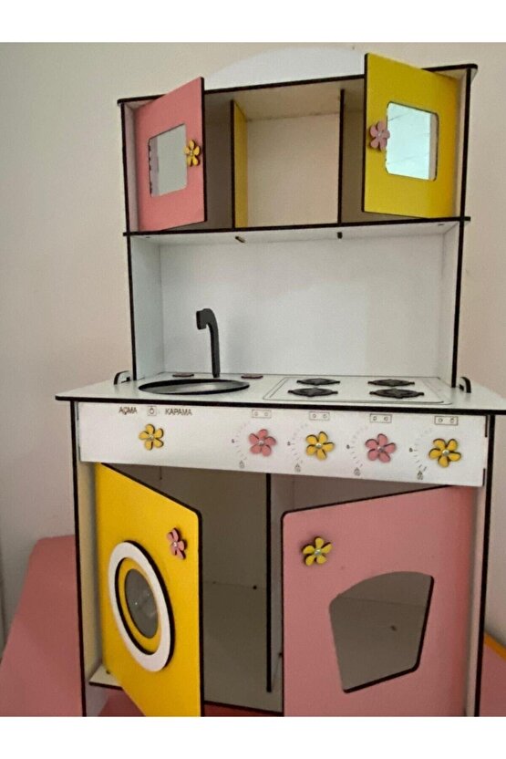 Büyük Boy Ahşap Oyuncak Mutfak Seti,eğitici Montessori Mutfak Oyuncak Seti Çamaşır Makinalı-sarı