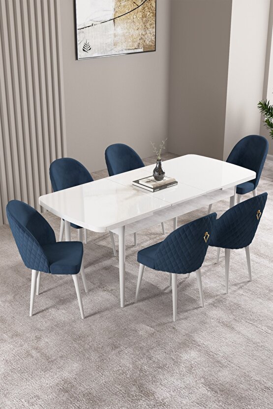 Milas Beyaz 80x132 Mdf Açılabilir Yemek Masası Takımı 6 Adet Sandalye