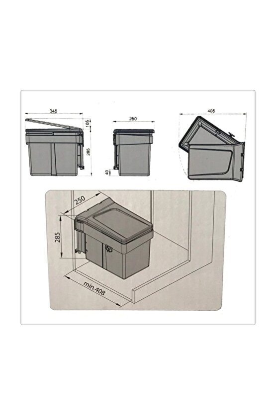 Dolap Içi Çöp Kovası Antrasit 15 L - Dolap Kapak Ölçüsü Minimum 45 Cm.