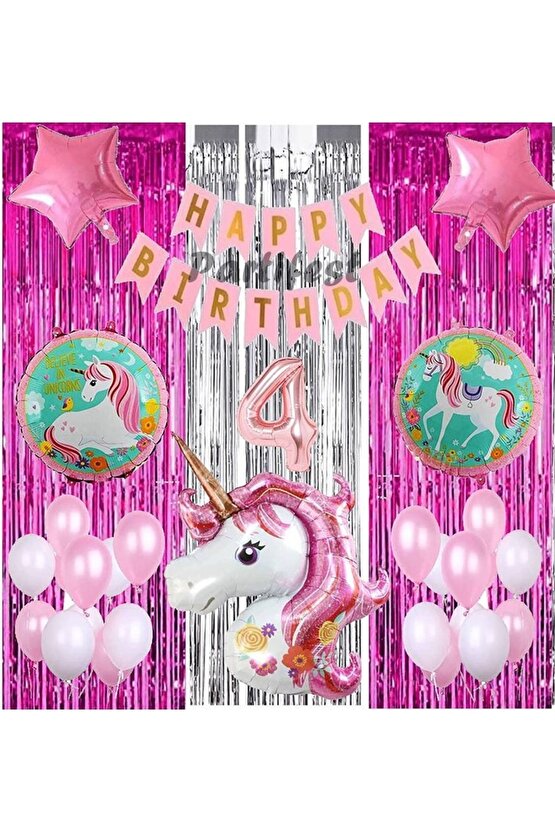 Pembe Unicorn Konsept 4 Yaş Balon Set Gökkuşağı Unicorn Doğum Günü Yaş Balon Set