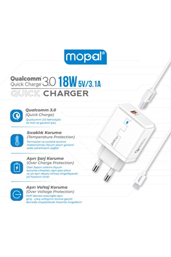 Mopal Mikro Usb Şarj Başlığı Ve Data Kablosu 5v 3,1a 18w Qualcomm 3.0 Quick Charge M09