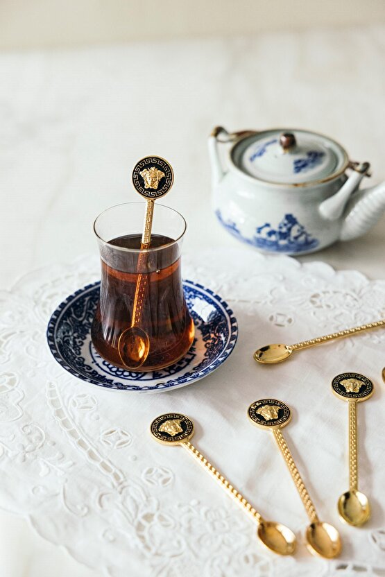6lı Antik Yunan İlhamlı Siyah & Altın Renkli Dekoratif Çay Kaşığı Seti