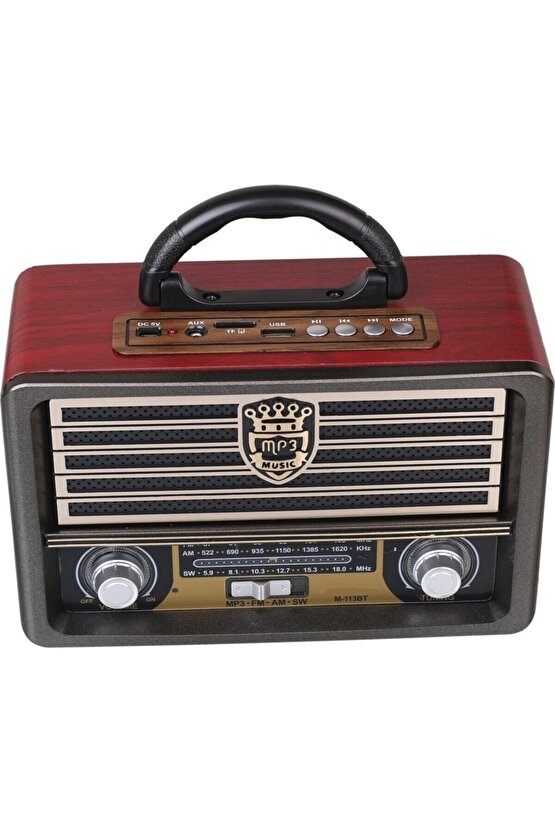 Ahşap Görünümlü Nostaljik Radyo Usb Aux Bluetooth Hoparlör Uzaktan Kumanda M-113bt