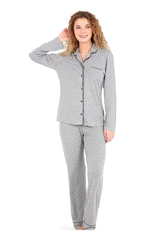 Kadın Uzun Pijama Takımı 50662 - Puantiyeli
